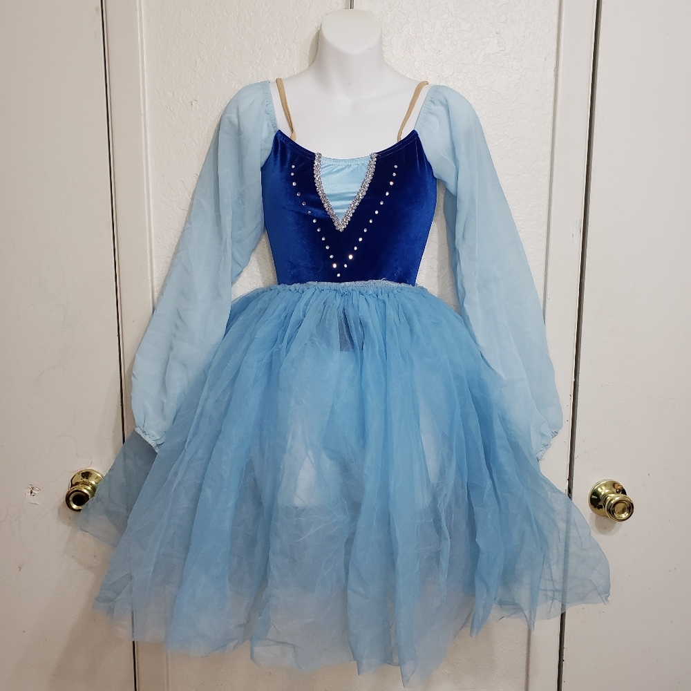 Blue Ballet Adult Small Costume Long Sleeve Off Shoulder Unitard Long Tutu Skirt